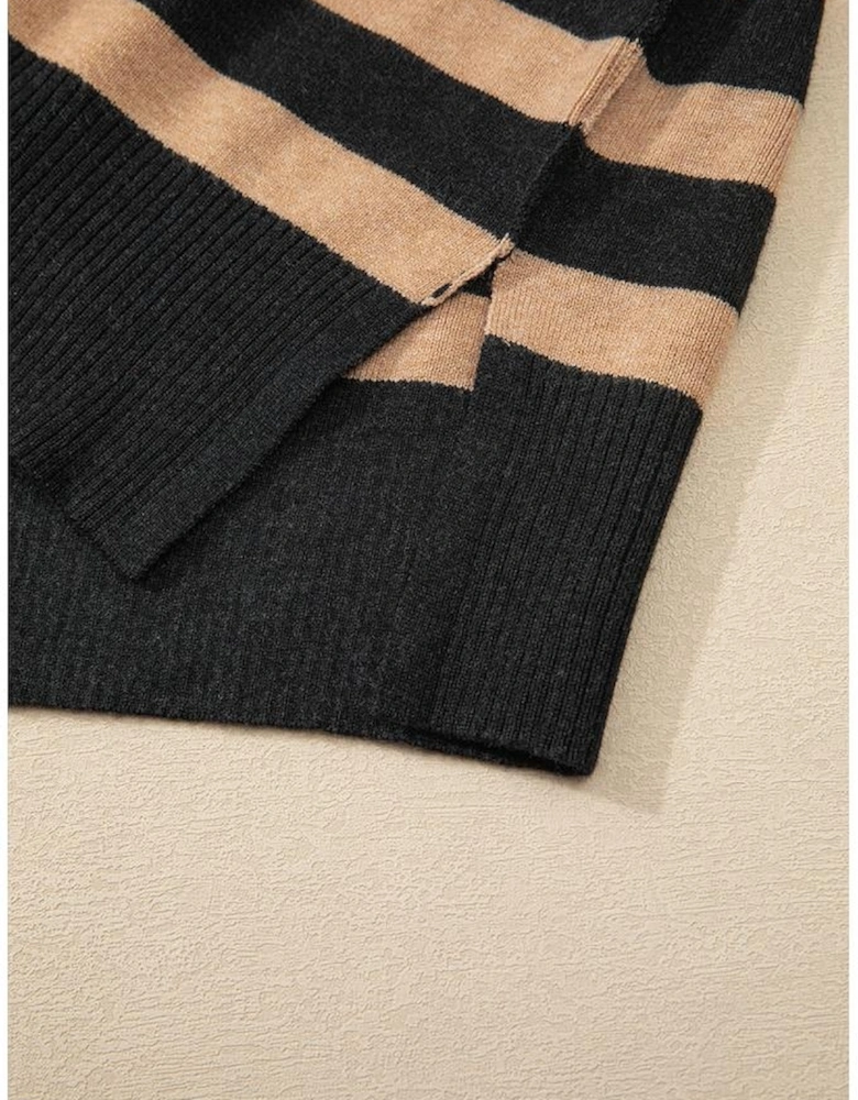 Black Stripe Collared Quarter Zipper Oversized Sweater