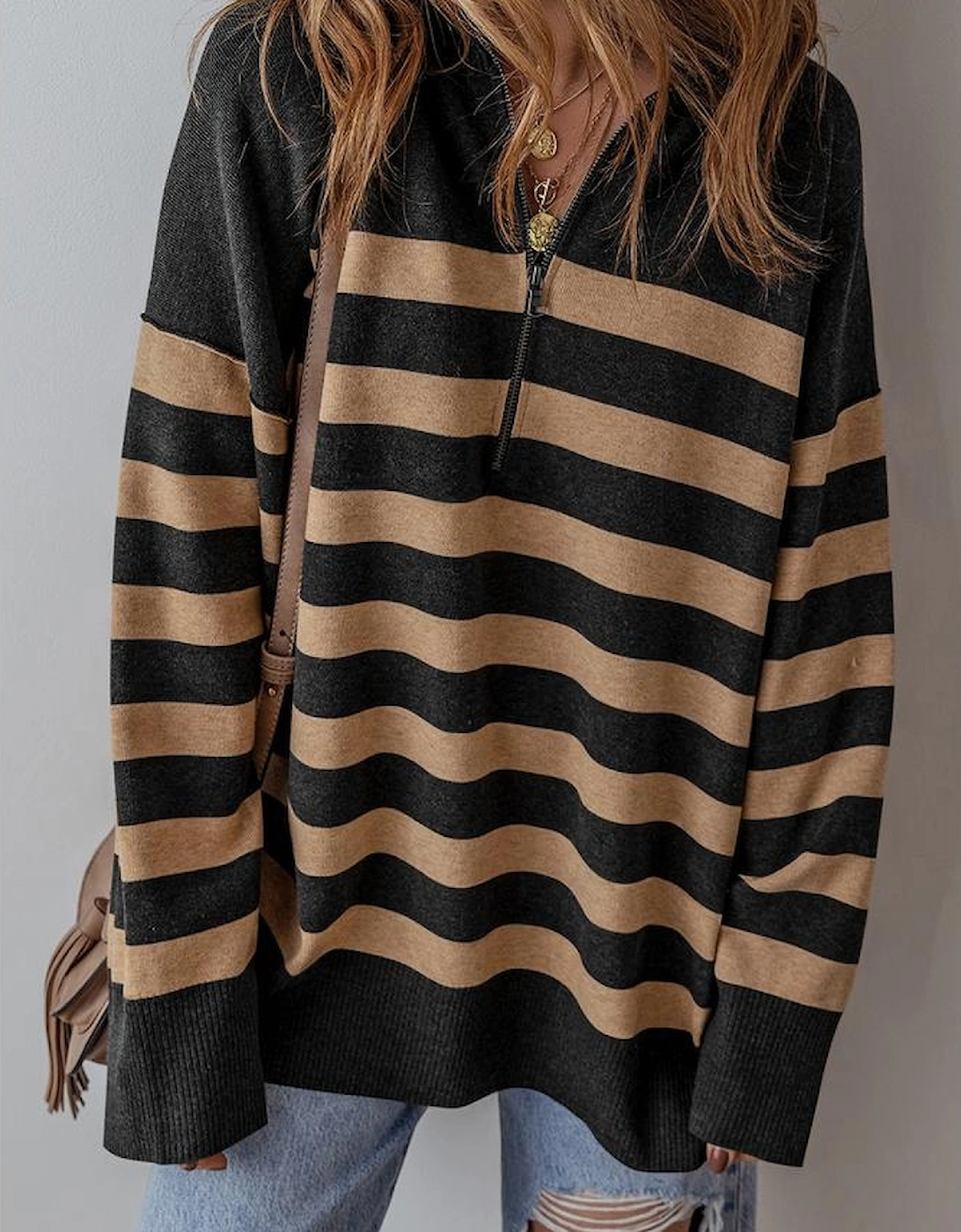 Black Stripe Collared Quarter Zipper Oversized Sweater