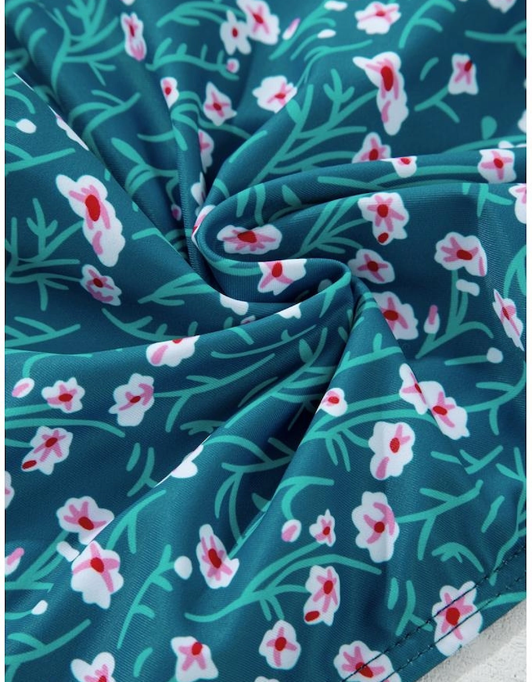 Blue Floral Print Smocked Cute Bikini Set