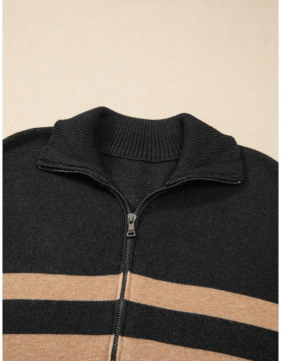 Black Stripe Collared Quarter Zipper Oversized Sweater