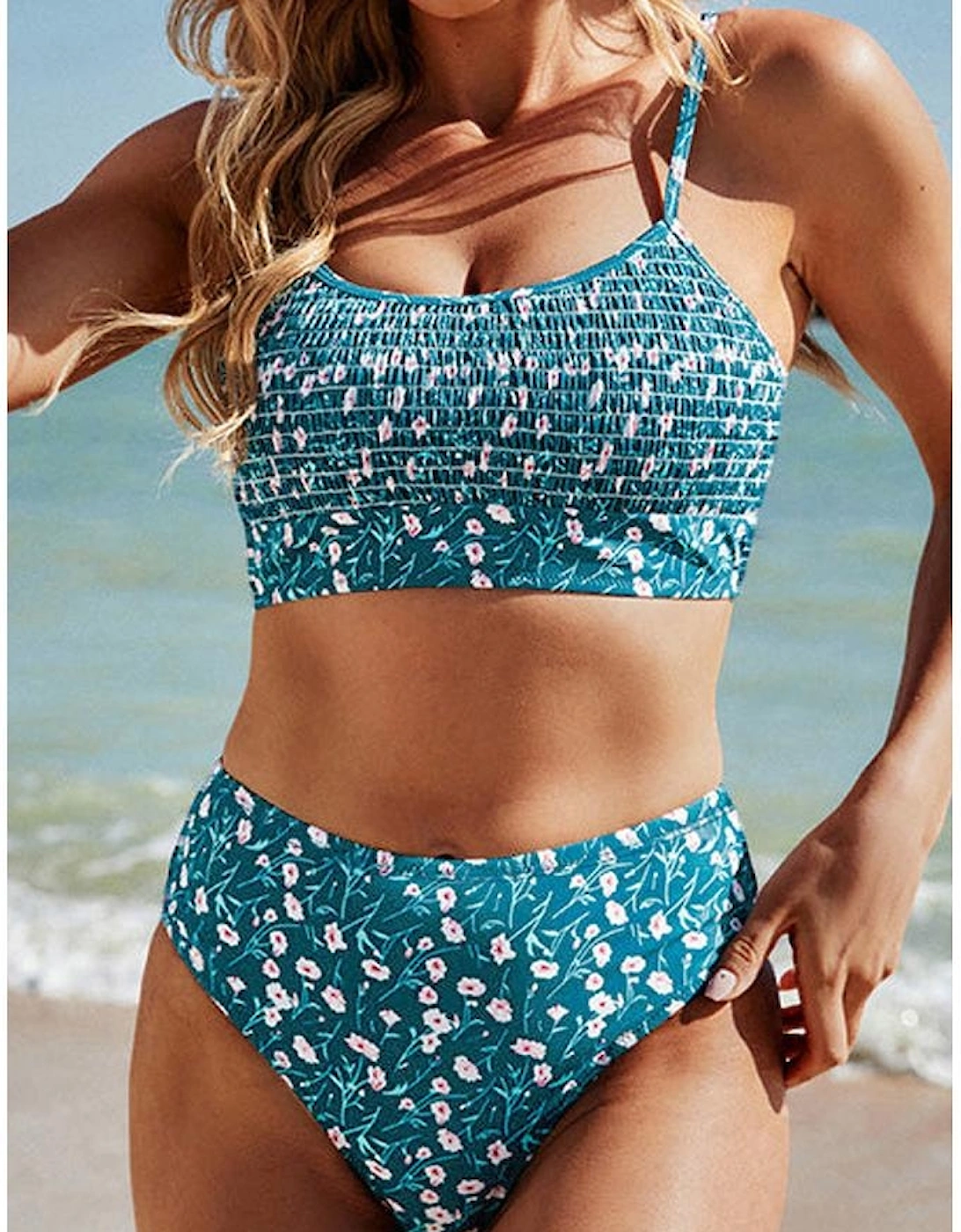 Blue Floral Print Smocked Cute Bikini Set