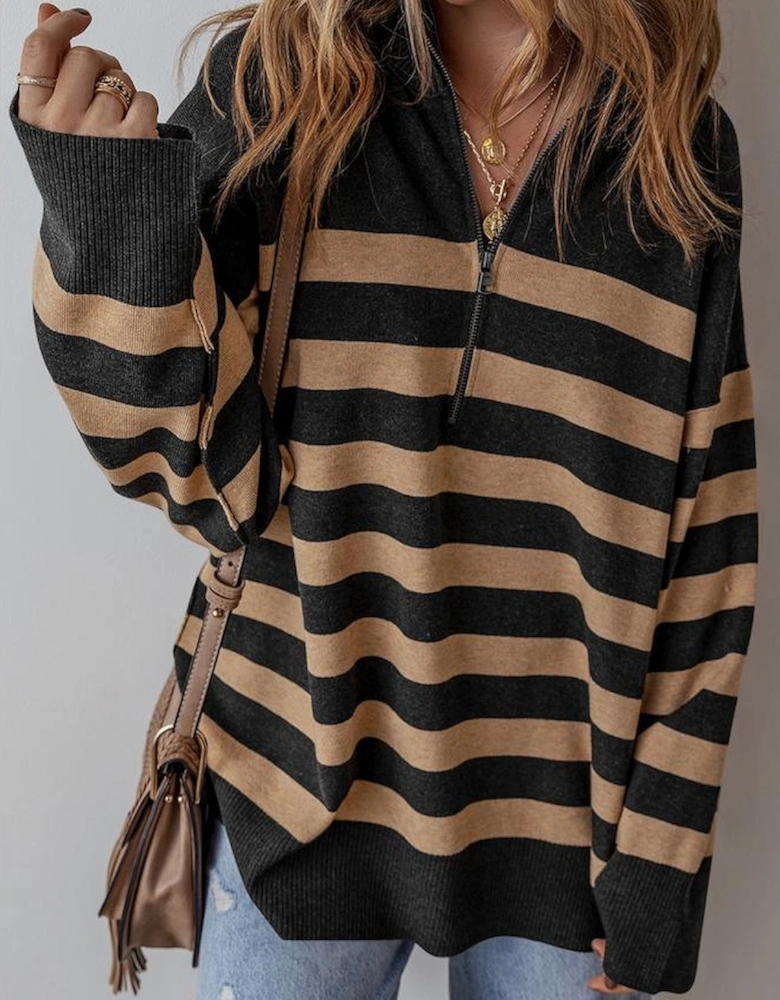Black Stripe Collared Quarter Zipper Oversized Sweater