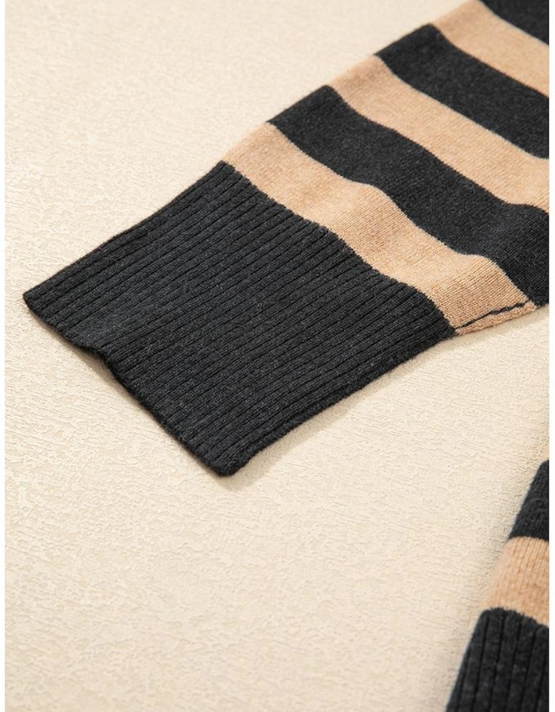 Black Stripe Collared Quarter Zipper Oversized Sweater