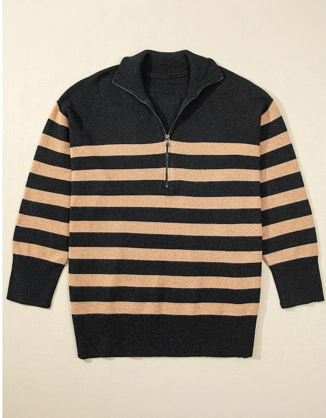 Black Stripe Collared Quarter Zipper Oversized Sweater