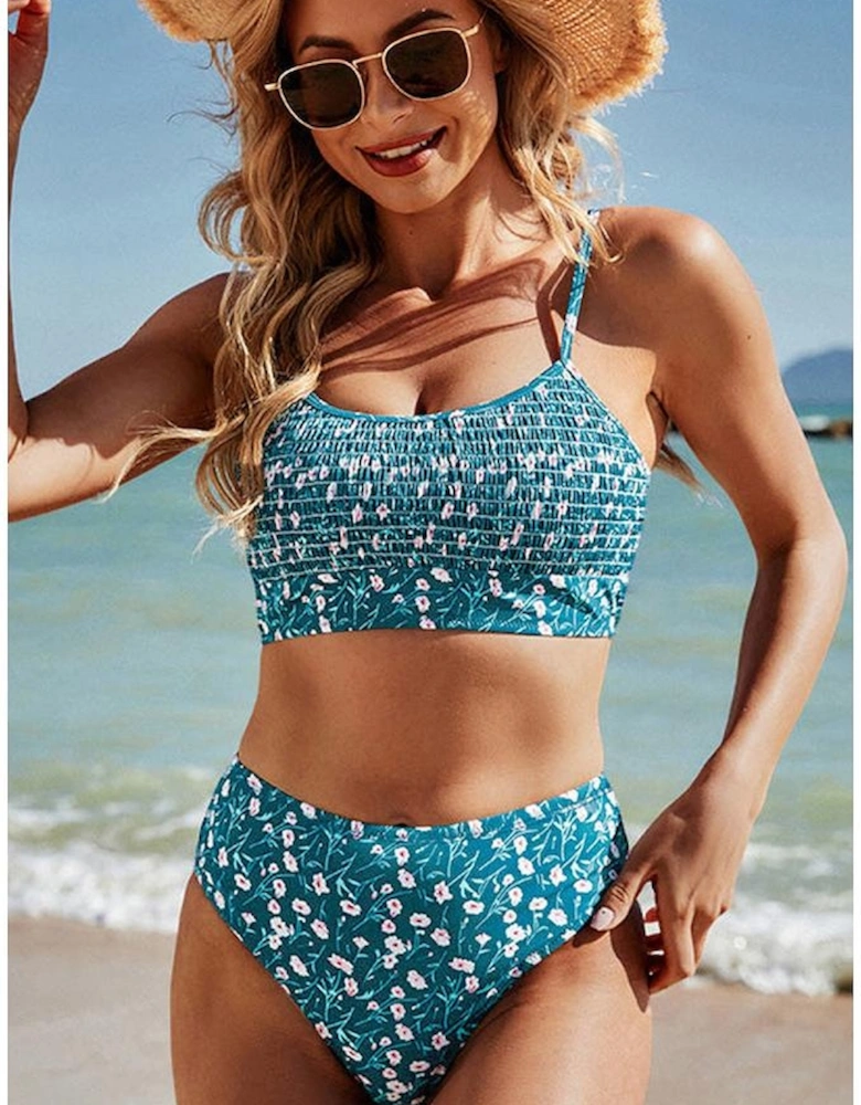 Blue Floral Print Smocked Cute Bikini Set
