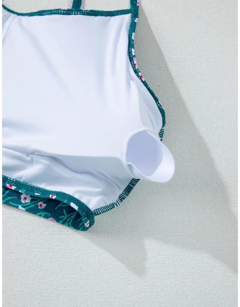 Blue Floral Print Smocked Cute Bikini Set