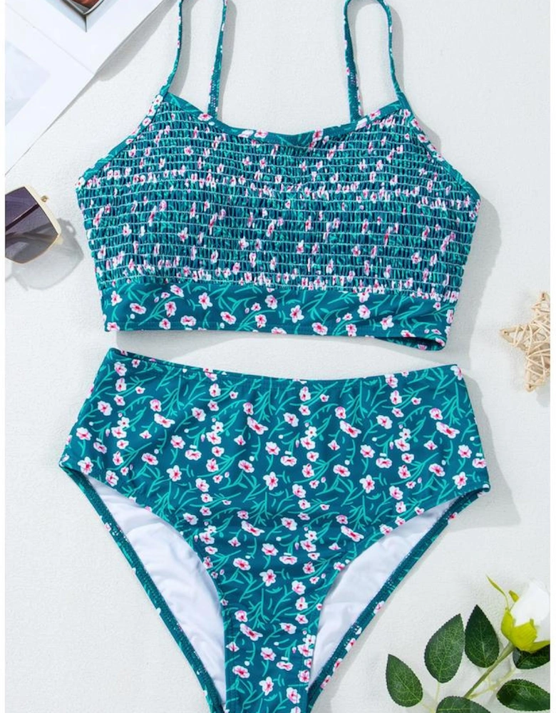 Blue Floral Print Smocked Cute Bikini Set