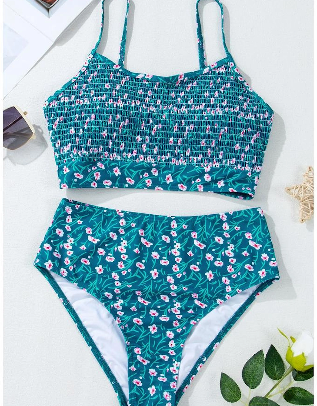 Blue Floral Print Smocked Cute Bikini Set