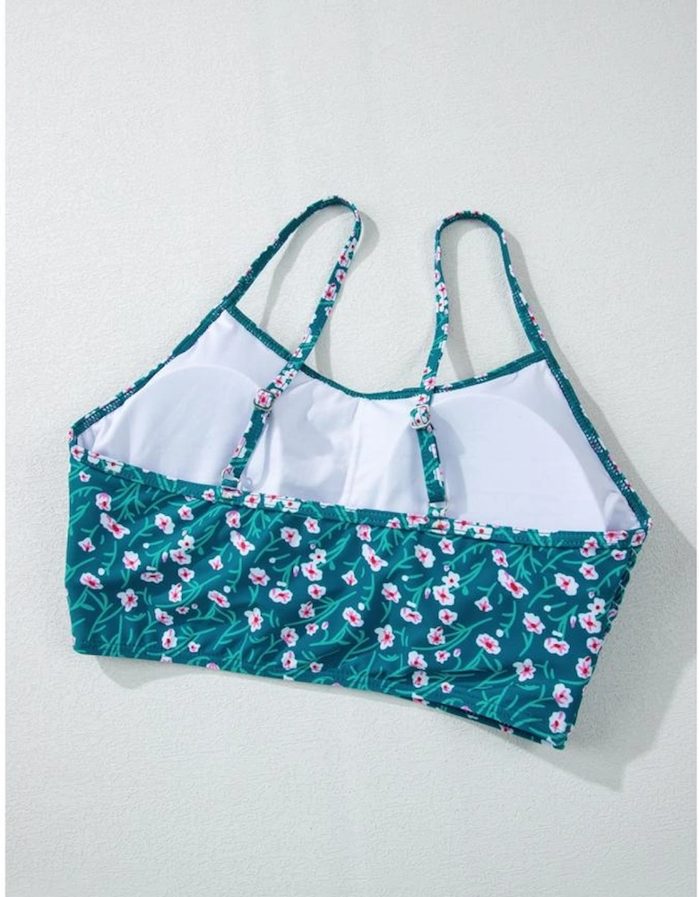 Blue Floral Print Smocked Cute Bikini Set