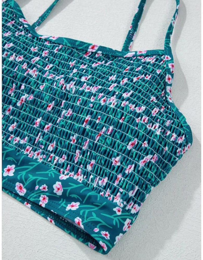 Blue Floral Print Smocked Cute Bikini Set