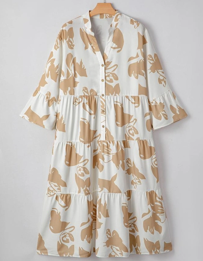 Khaki Patterned Ruffled Sleeve Half Placket Tiered A-line Plus Size Long Dress