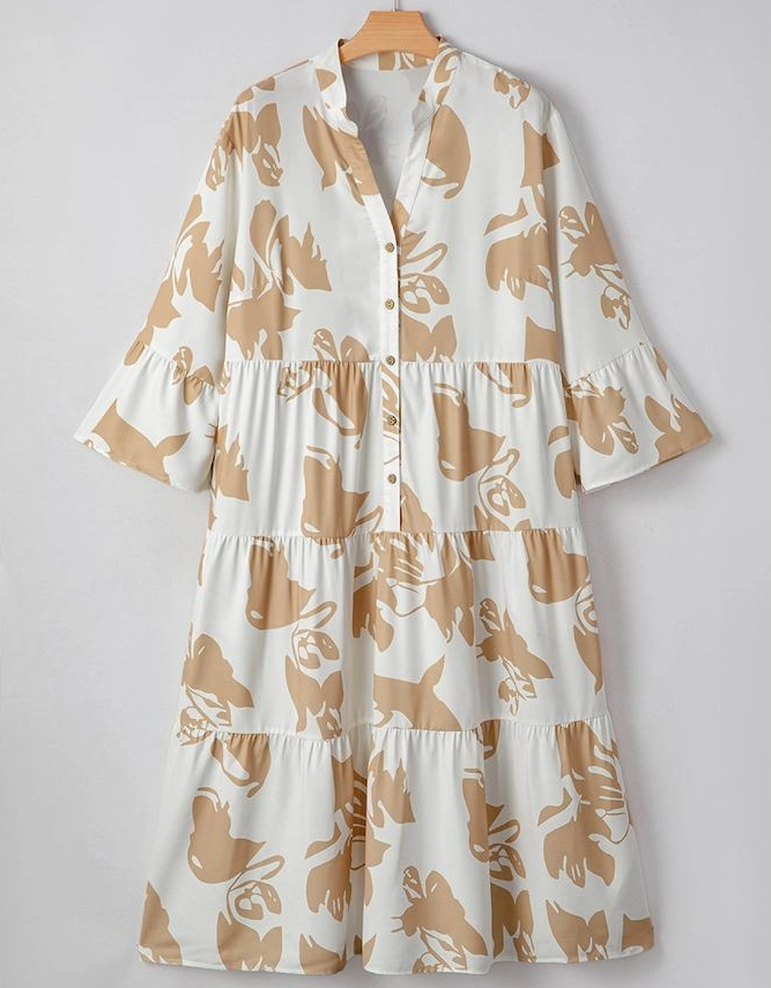 Khaki Patterned Ruffled Sleeve Half Placket Tiered A-line Plus Size Long Dress, 11 of 10