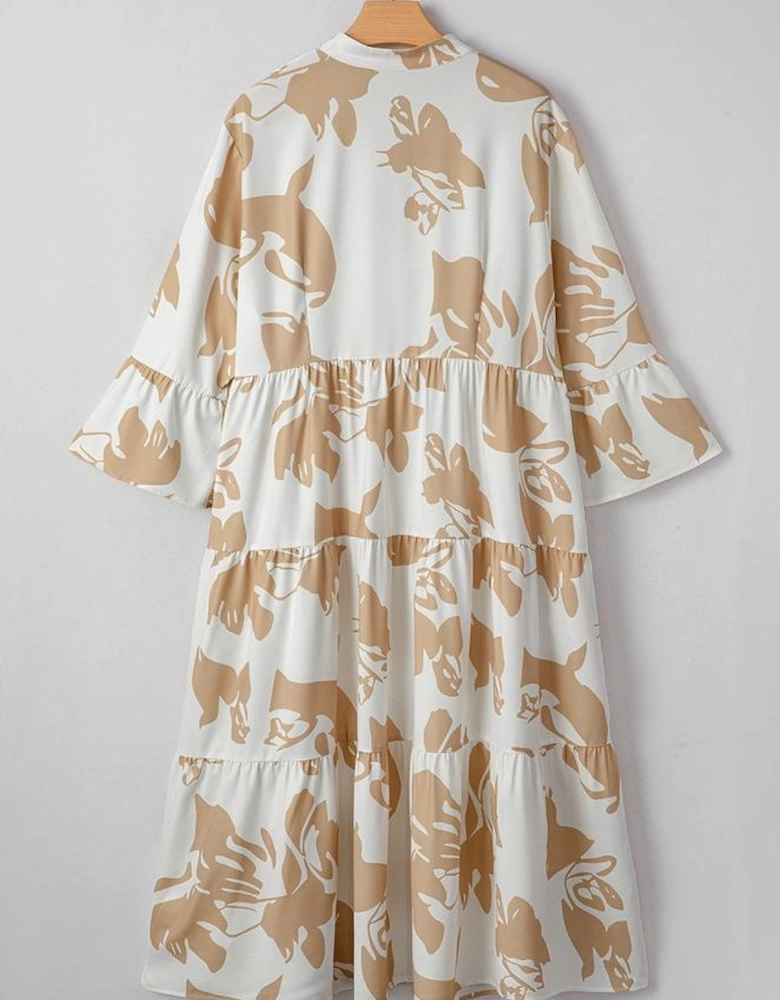Khaki Patterned Ruffled Sleeve Half Placket Tiered A-line Plus Size Long Dress