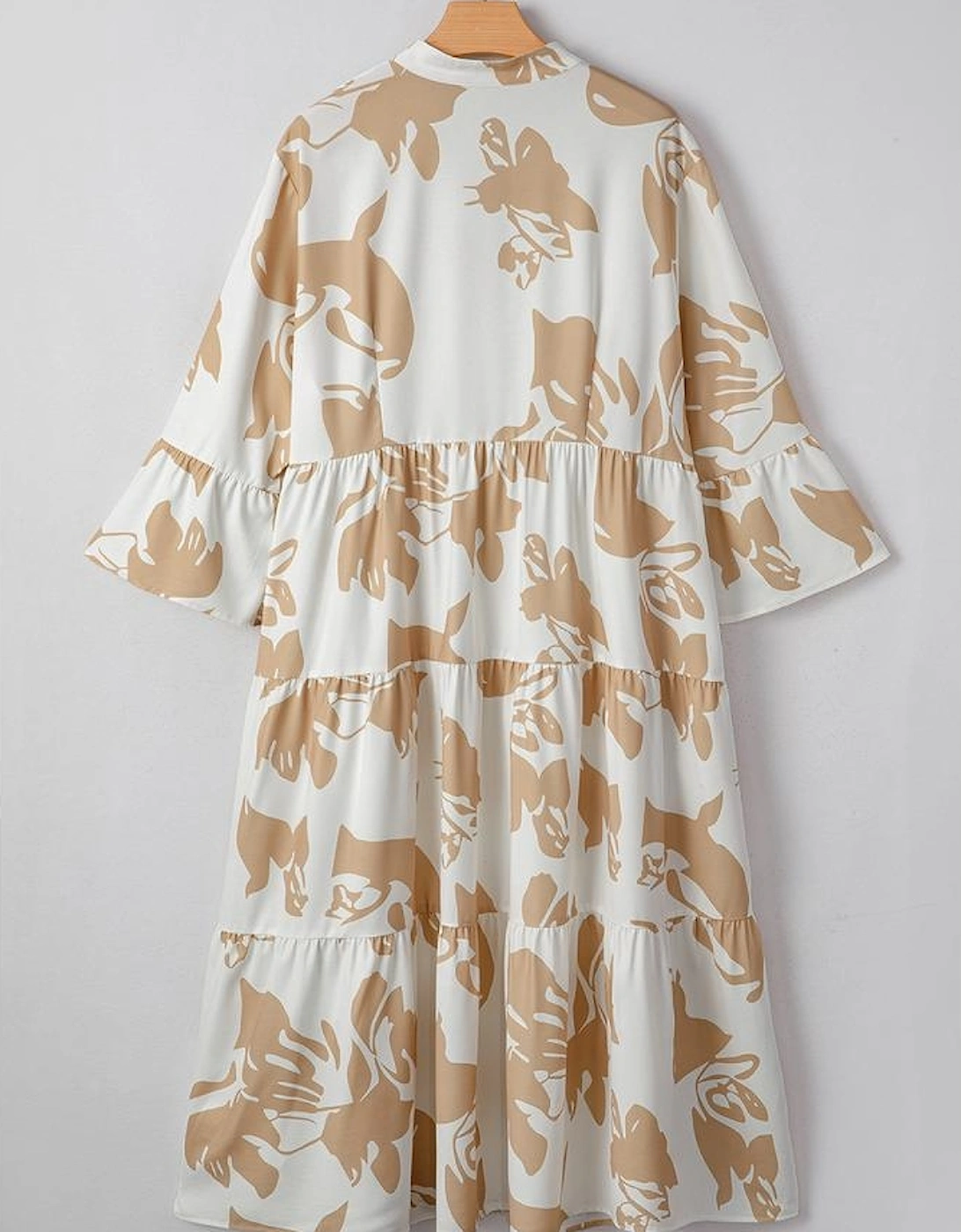Khaki Patterned Ruffled Sleeve Half Placket Tiered A-line Plus Size Long Dress