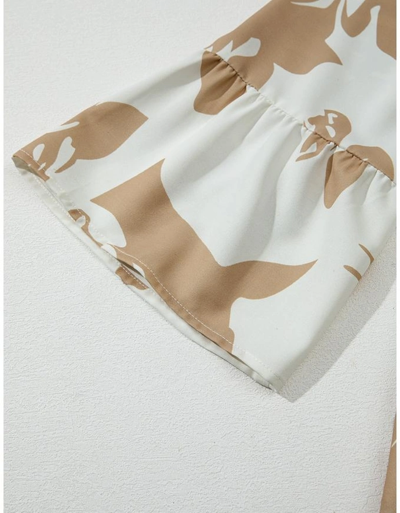 Khaki Patterned Ruffled Sleeve Half Placket Tiered A-line Plus Size Long Dress