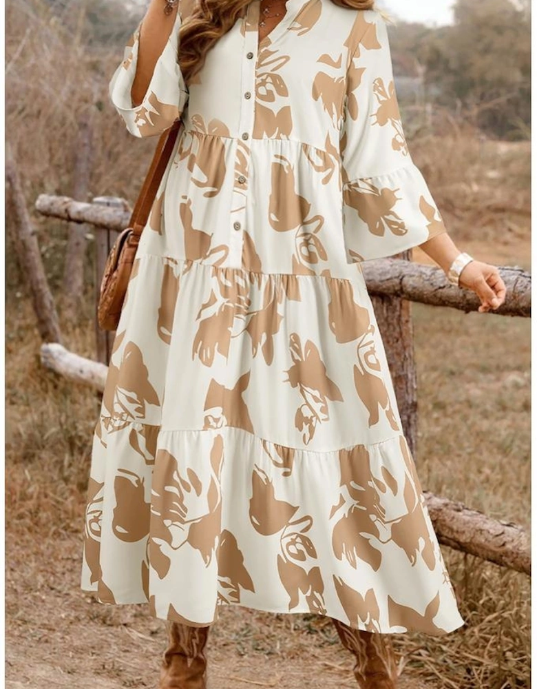 Khaki Patterned Ruffled Sleeve Half Placket Tiered A-line Plus Size Long Dress