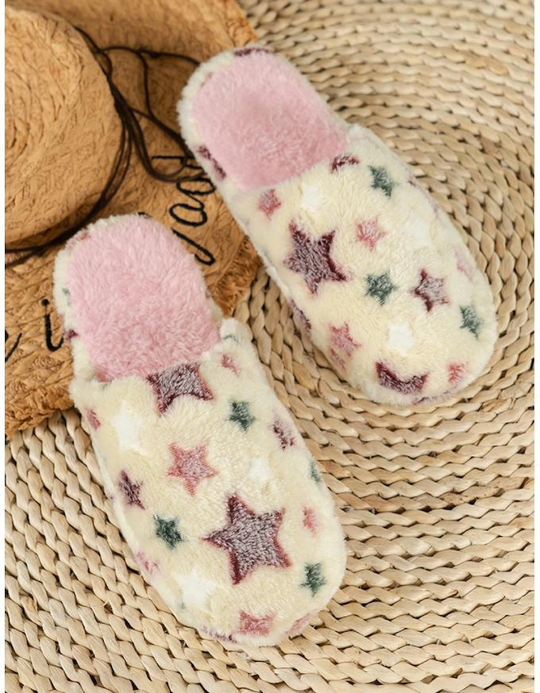 Beige Star Pattern Plush Home Slippers