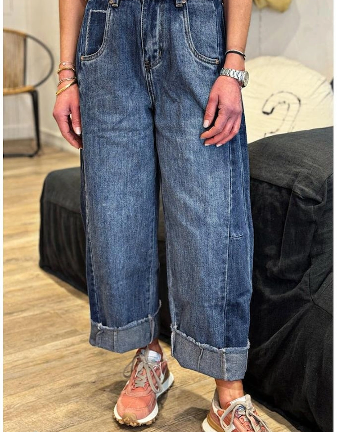 Ashleigh Blue Stitched Raw Hem Wide Leg Loose Jeans