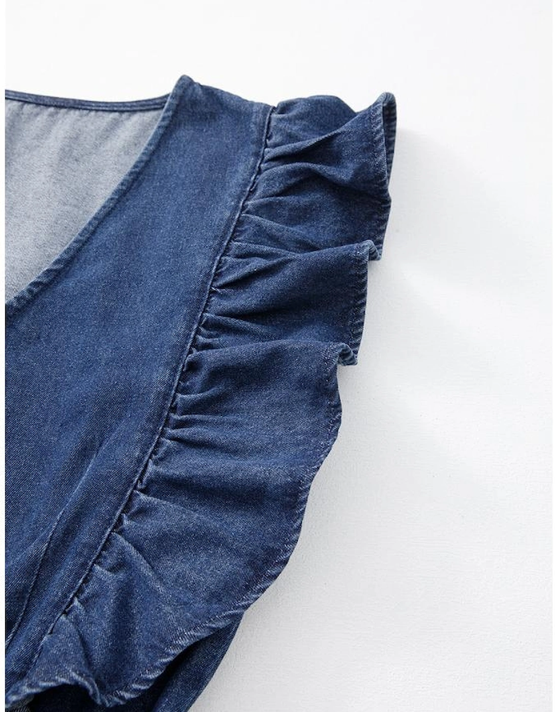 Sail Blue Denim Ruffled Zipped Front Belted Romper