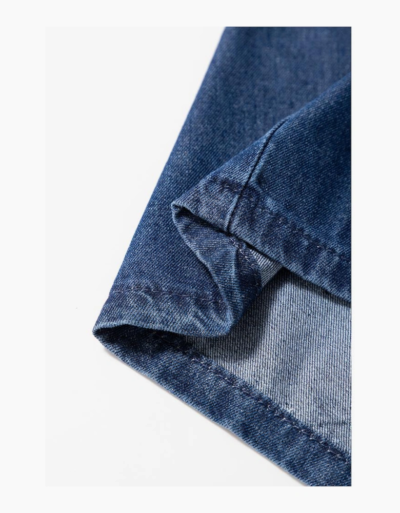 Sail Blue Denim Ruffled Zipped Front Belted Romper