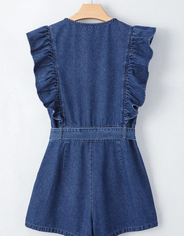 Sail Blue Denim Ruffled Zipped Front Belted Romper