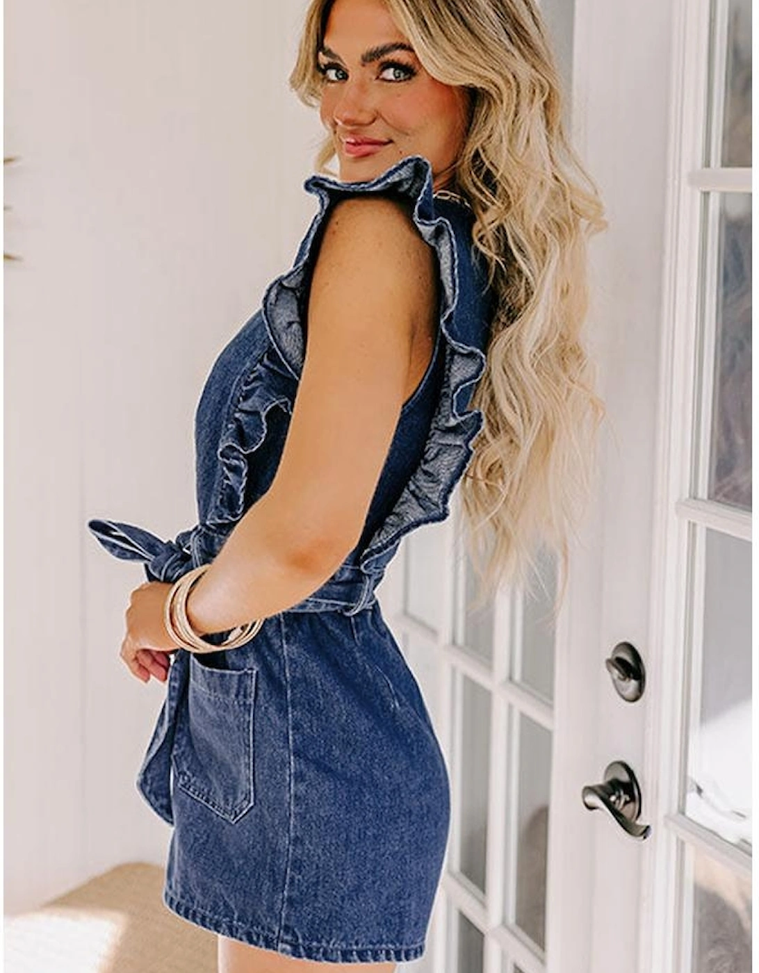 Sail Blue Denim Ruffled Zipped Front Belted Romper