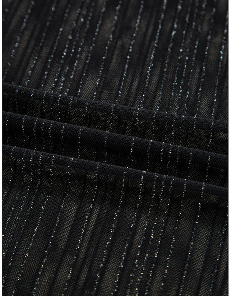 Black Plus Size Shimmer Textured Mesh Fitted Long Sleeve Top