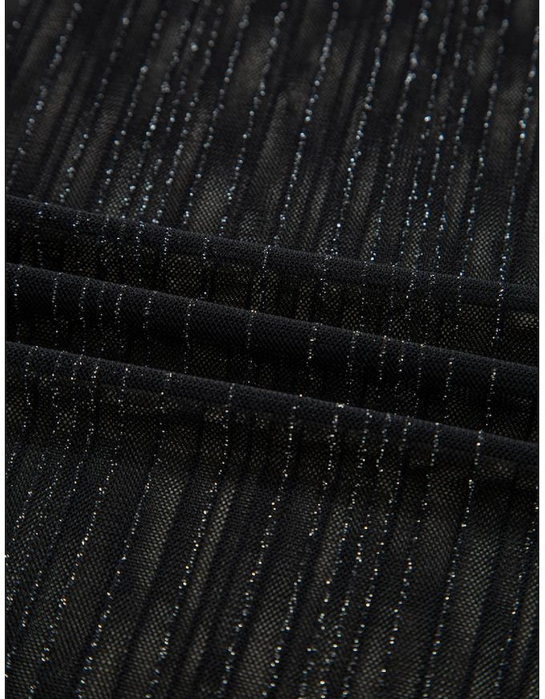 Black Plus Size Shimmer Textured Mesh Fitted Long Sleeve Top