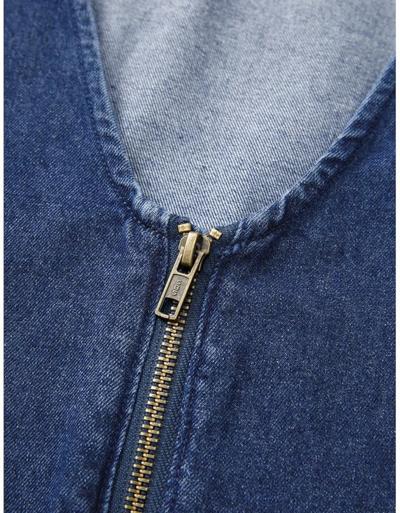 Sail Blue Denim Ruffled Zipped Front Belted Romper