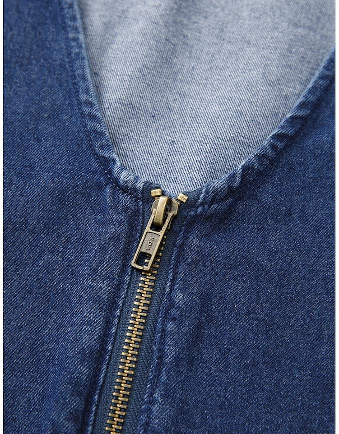 Sail Blue Denim Ruffled Zipped Front Belted Romper