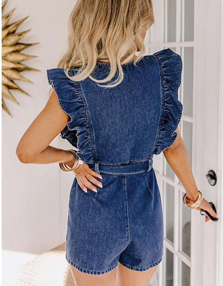 Sail Blue Denim Ruffled Zipped Front Belted Romper