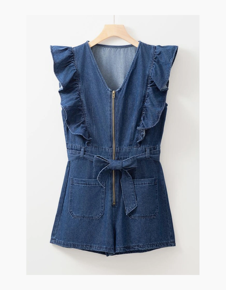 Sail Blue Denim Ruffled Zipped Front Belted Romper