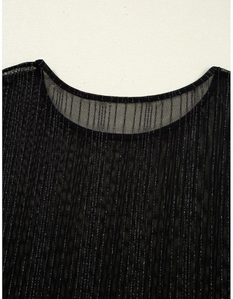 Black Plus Size Shimmer Textured Mesh Fitted Long Sleeve Top