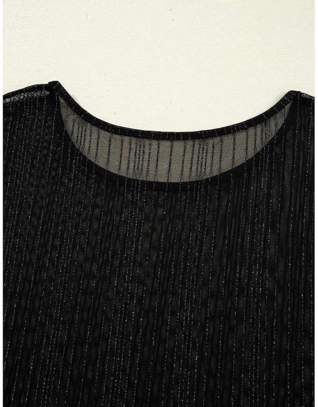 Black Plus Size Shimmer Textured Mesh Fitted Long Sleeve Top