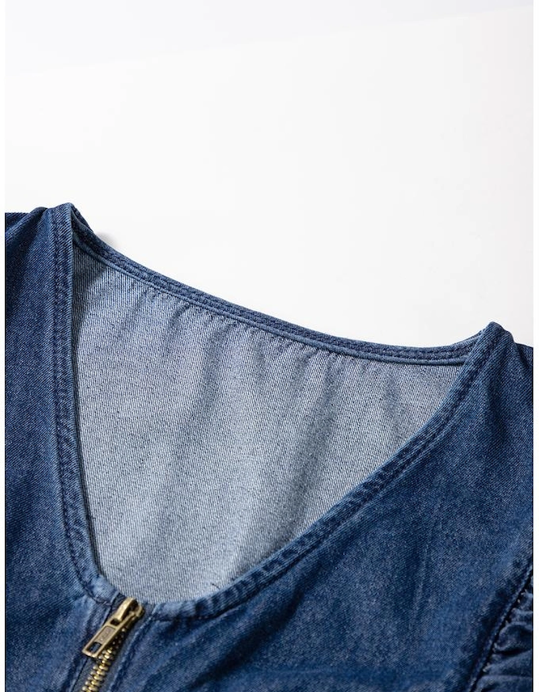 Sail Blue Denim Ruffled Zipped Front Belted Romper