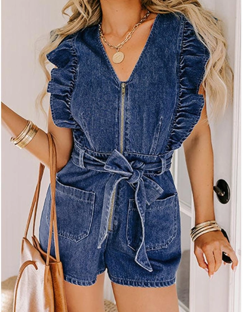 Sail Blue Denim Ruffled Zipped Front Belted Romper