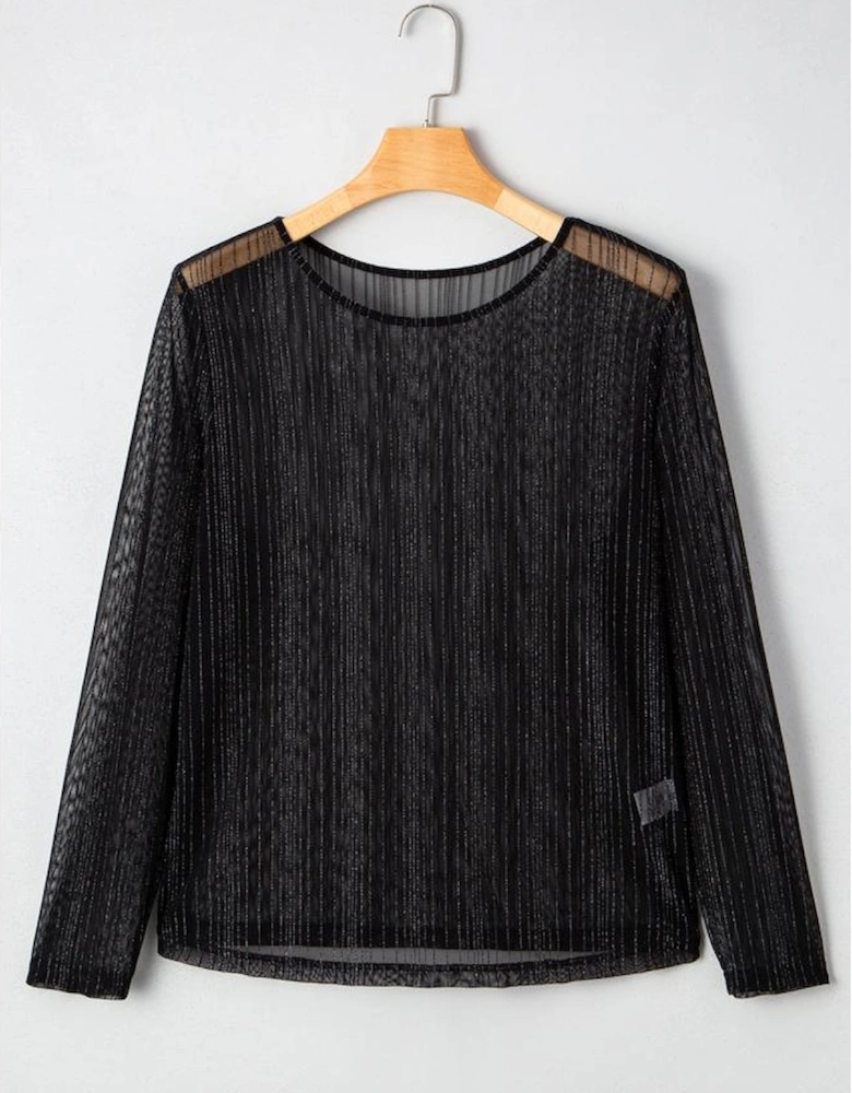 Black Plus Size Shimmer Textured Mesh Fitted Long Sleeve Top