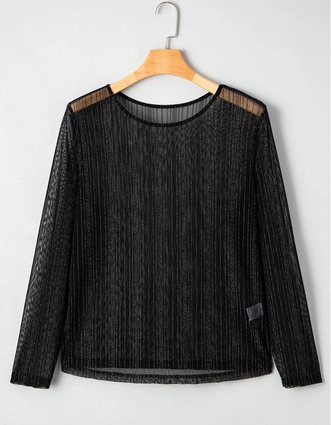 Black Plus Size Shimmer Textured Mesh Fitted Long Sleeve Top