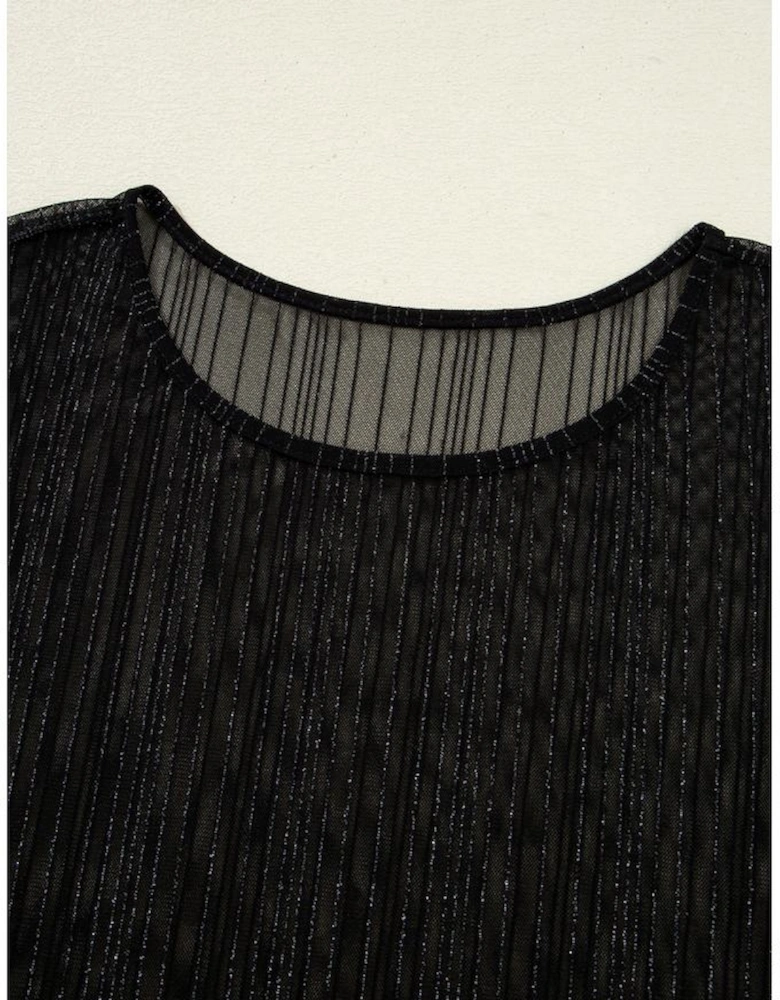 Black Plus Size Shimmer Textured Mesh Fitted Long Sleeve Top