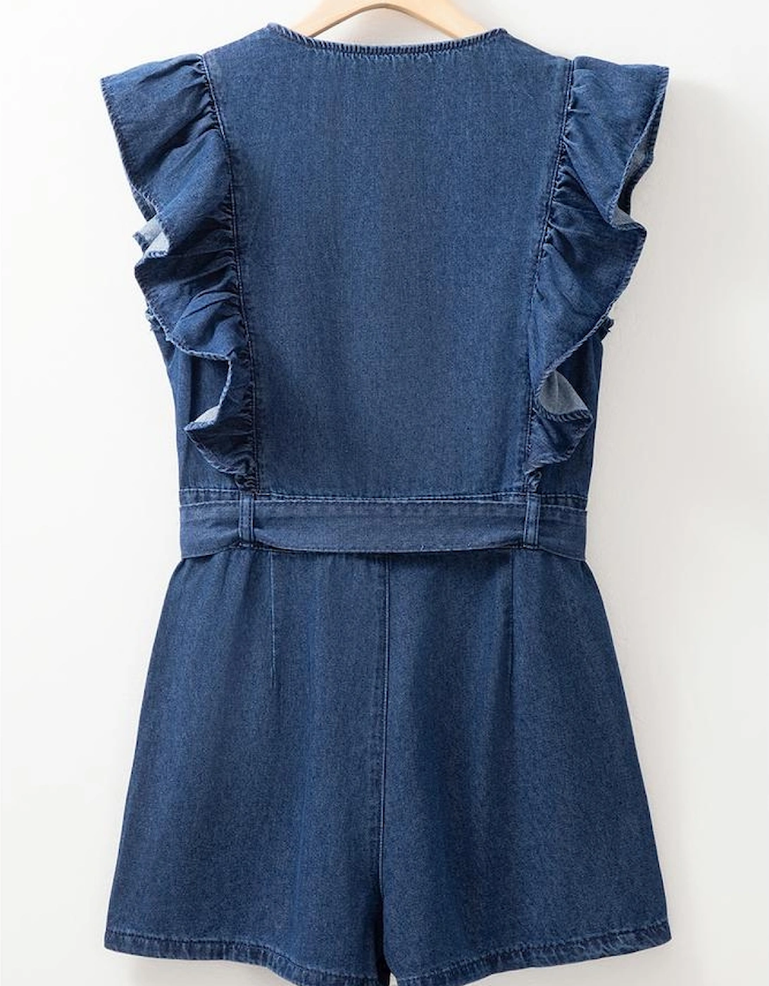 Sail Blue Denim Ruffled Zipped Front Belted Romper