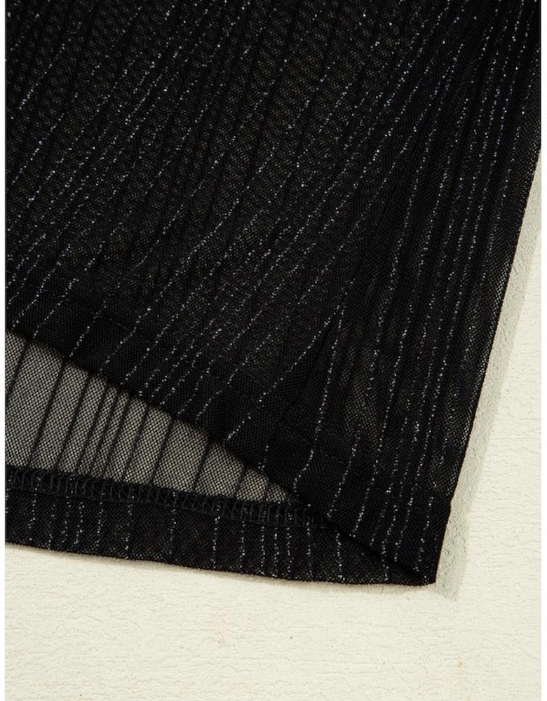 Black Plus Size Shimmer Textured Mesh Fitted Long Sleeve Top