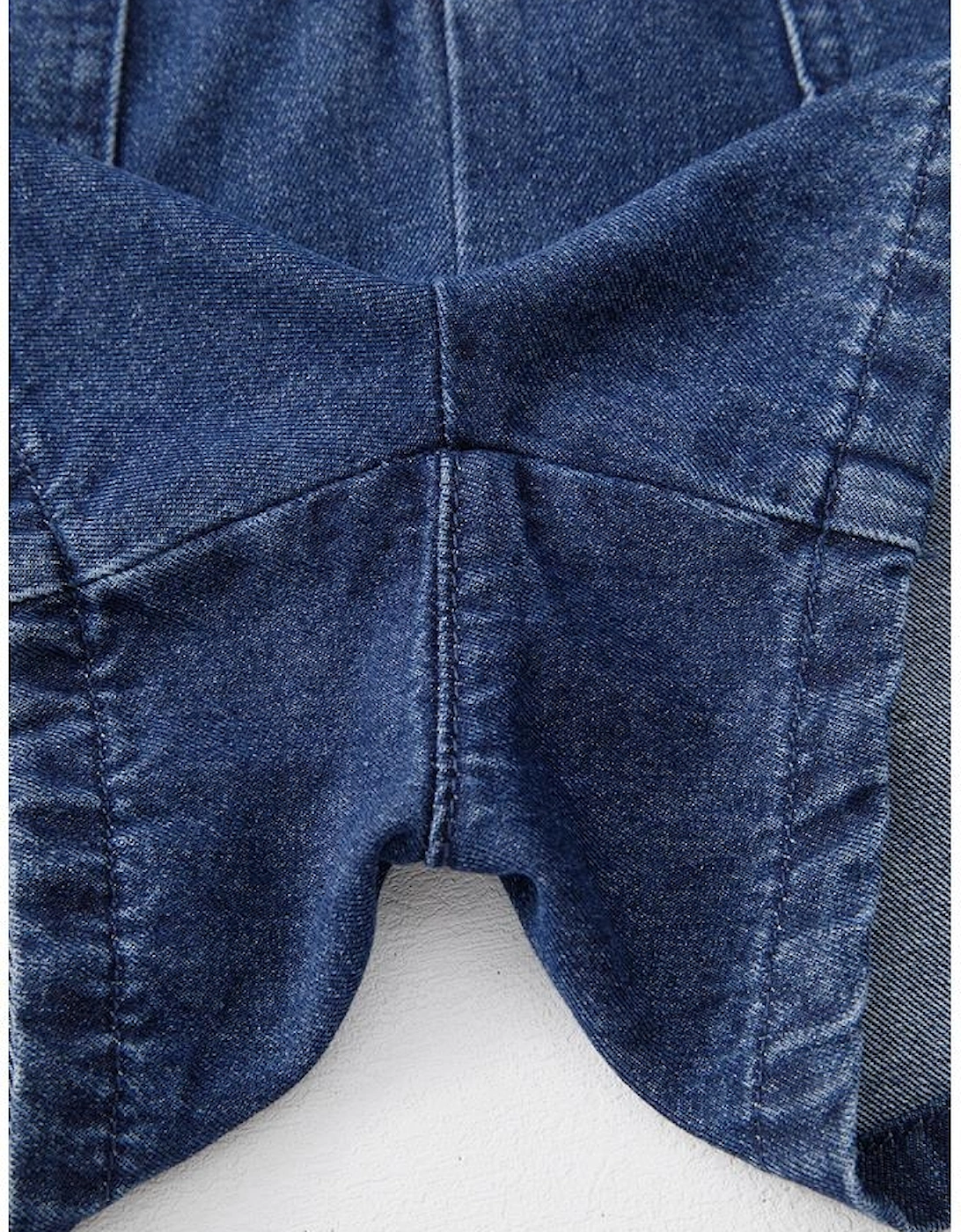 Sail Blue Denim Ruffled Zipped Front Belted Romper