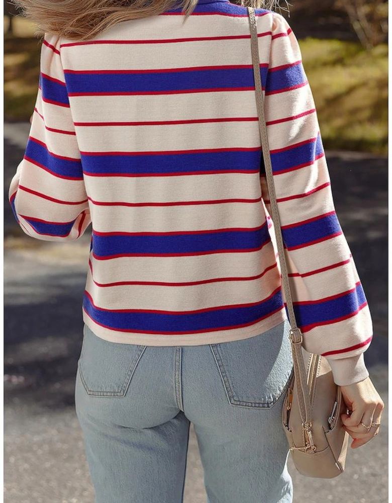 Blue Stripe Color Block Polo Pullover Sweatshirt