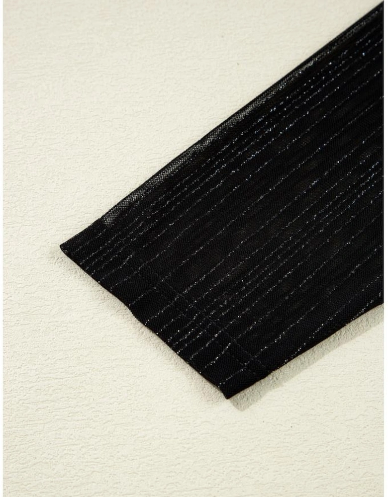 Black Plus Size Shimmer Textured Mesh Fitted Long Sleeve Top