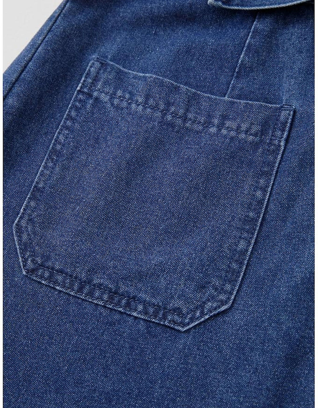 Sail Blue Denim Ruffled Zipped Front Belted Romper