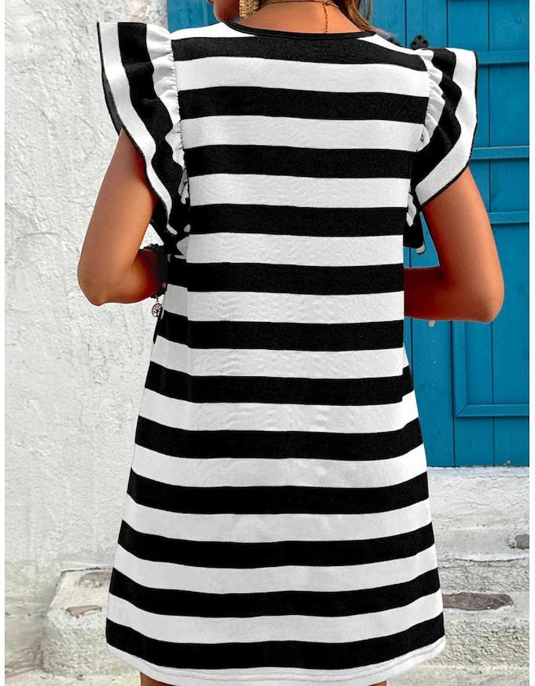 Black Stripe Flutter Sleeve Round Neck Shift Dress, 5 of 4