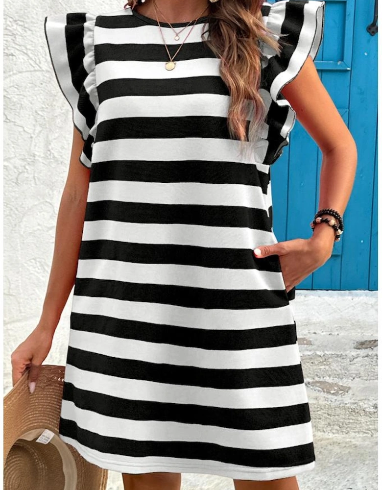 Black Stripe Flutter Sleeve Round Neck Shift Dress