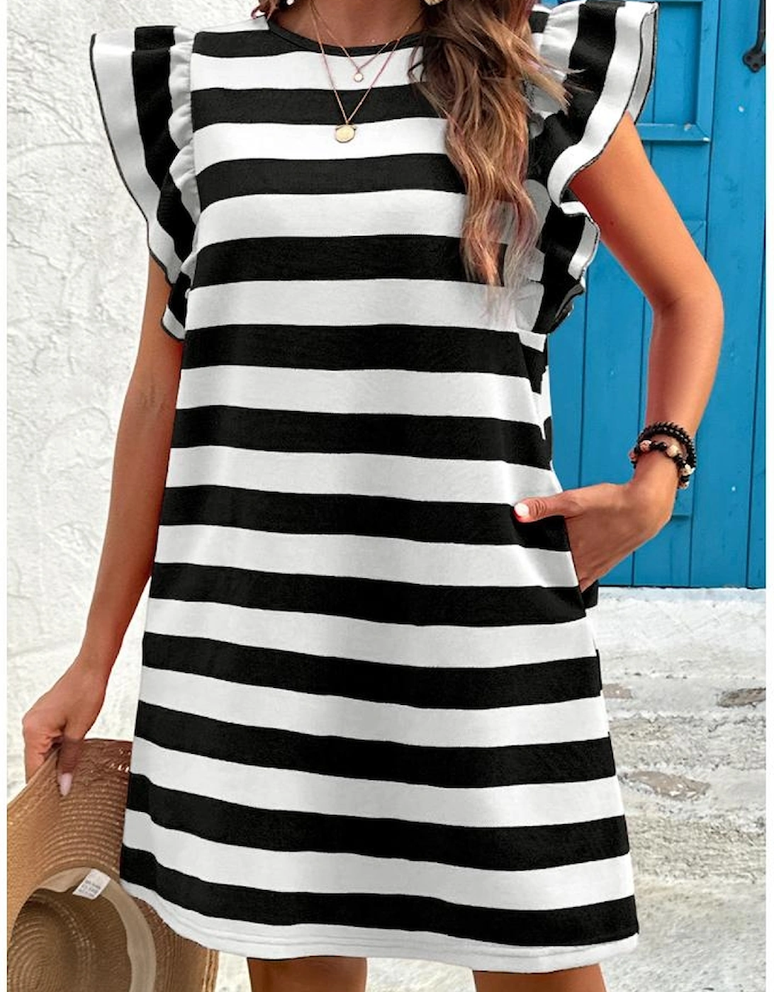 Black Stripe Flutter Sleeve Round Neck Shift Dress