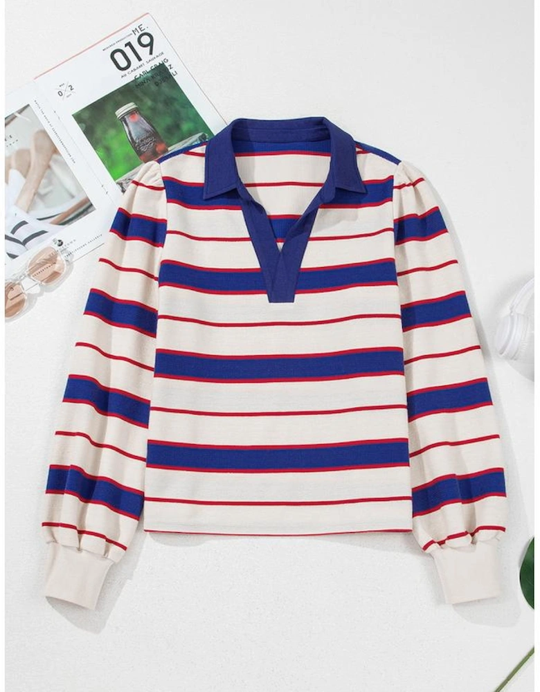 Blue Stripe Color Block Polo Pullover Sweatshirt