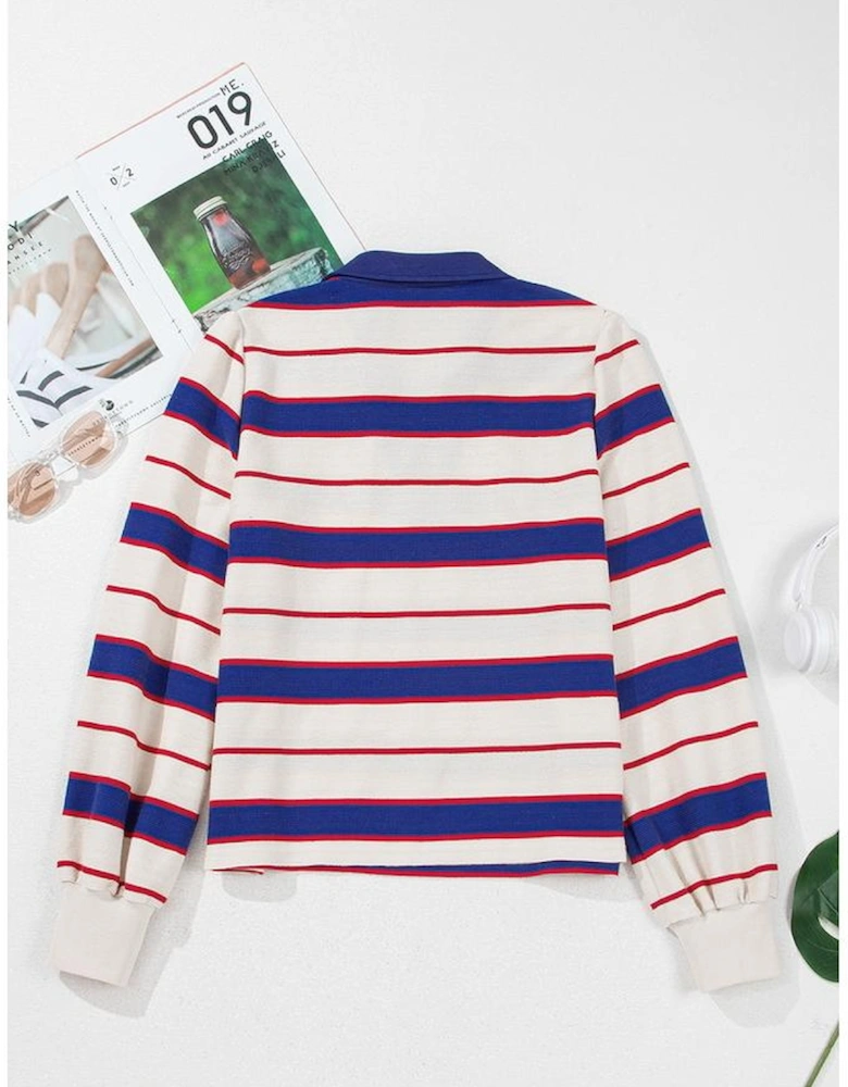 Blue Stripe Color Block Polo Pullover Sweatshirt